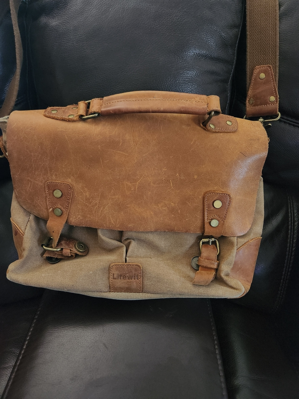 Tan Canvas & Leather Laptop Bag for Men